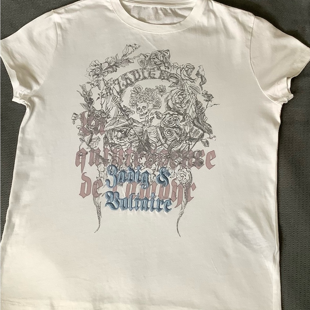 Zadig & Voltaire White Tee with Skull and Floral Art